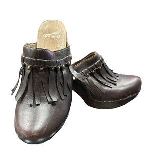 Dansko Deni Leather Fringe Studded Chunky Heels Mules Slides Clogs 38 Us 7.5/8